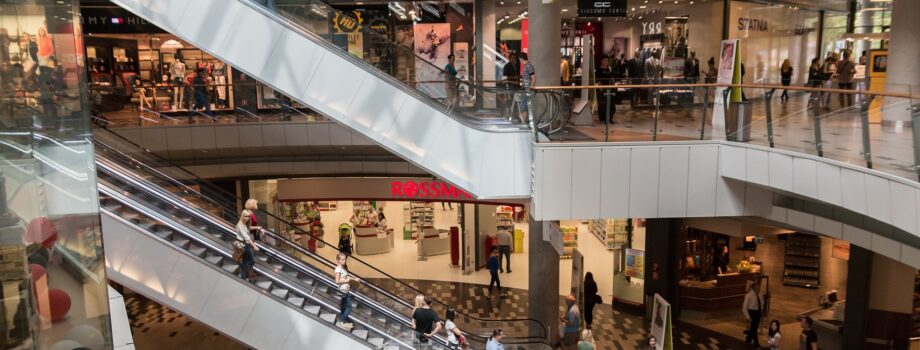 Stairs and shoppers in a mall